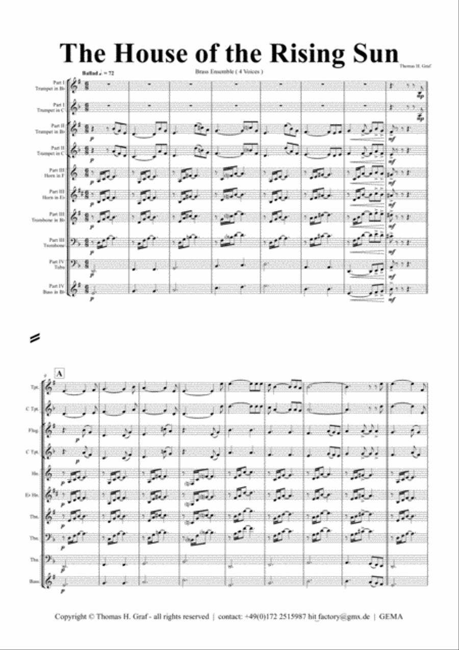 The house of the rising sun - Folk Song - Brass Ensemble Brass Ensemble scores gallery preview page 1