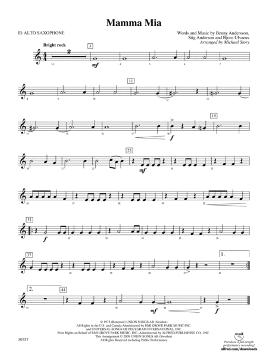 Mamma Mia: E-flat Alto Saxophone Concert Band scores gallery preview page 1