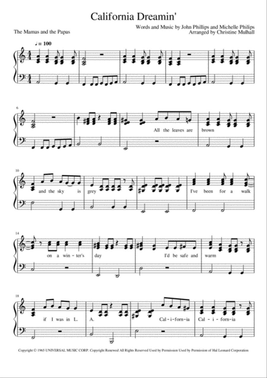 California Dreamin' Piano Solo scores gallery preview page 1
