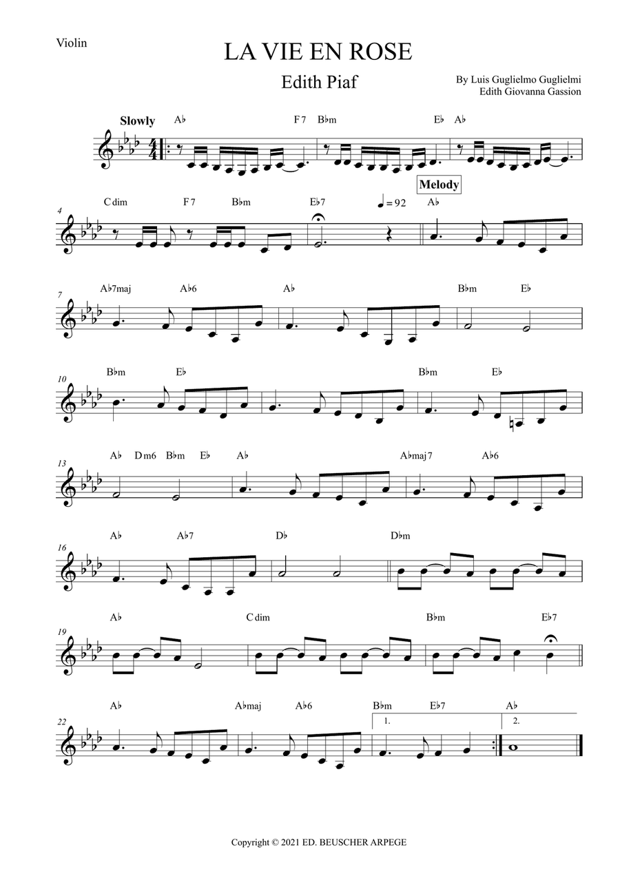 La Vie En Rose (elena Urioste And Tom Poster Version) Violin Solo scores gallery preview page 1