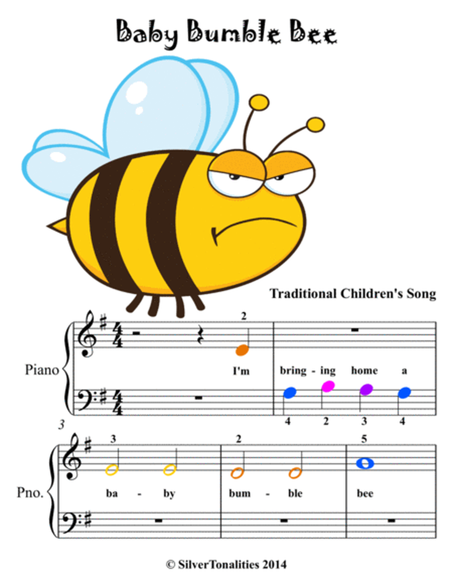 Baby Bumble Bee Beginner Piano Sheet Music with Colored Notation