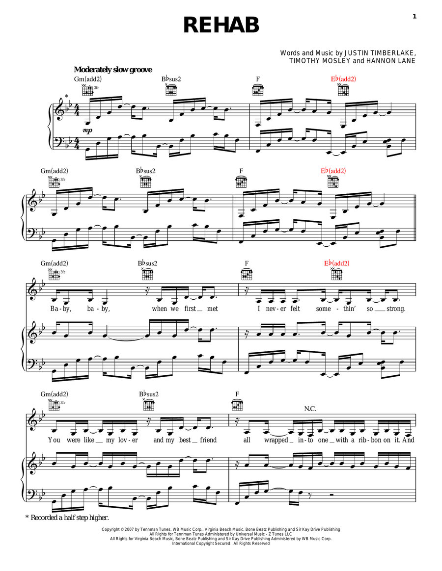Rehab Piano, Vocal, Guitar scores gallery preview page 1