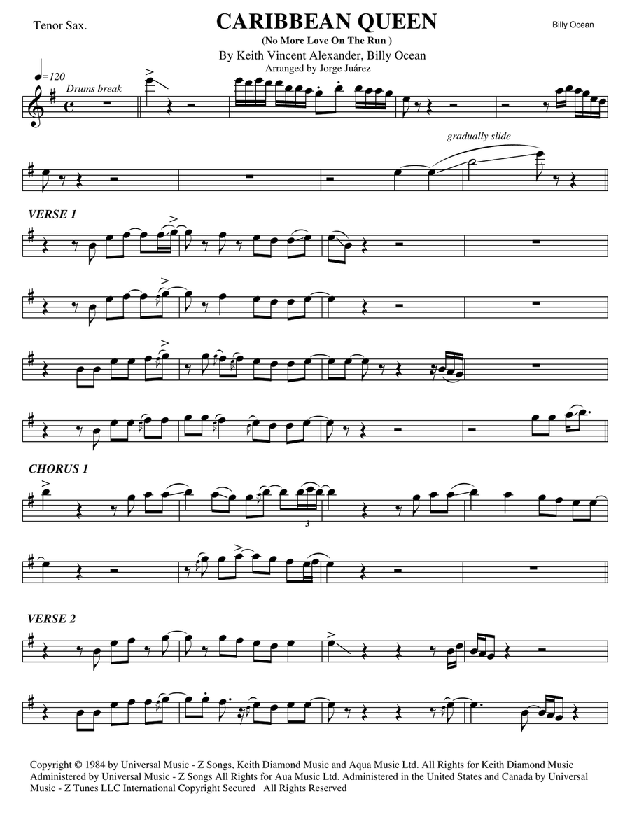 Caribbean Queen (no More Love On The Run) Tenor Saxophone scores gallery preview page 1