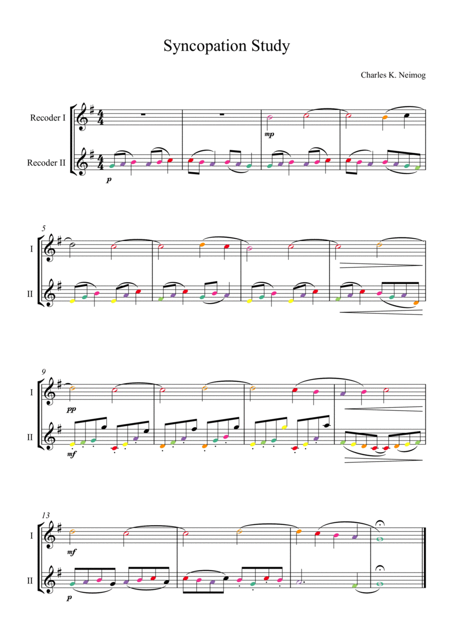 Syncopation Study - Recorder Soprano Recorder scores gallery preview page 1