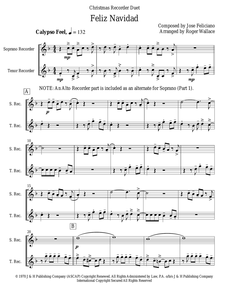 Feliz Navidad Woodwind Duet scores gallery preview page 1