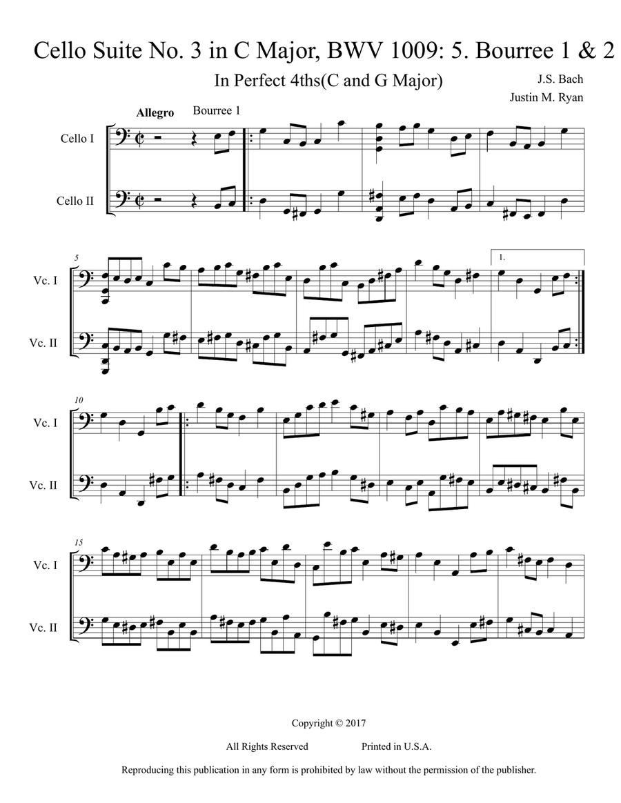Cello Suite No. 3, BWV 1009: 5. Bourree 1 & 2 String Duet scores gallery preview page 1