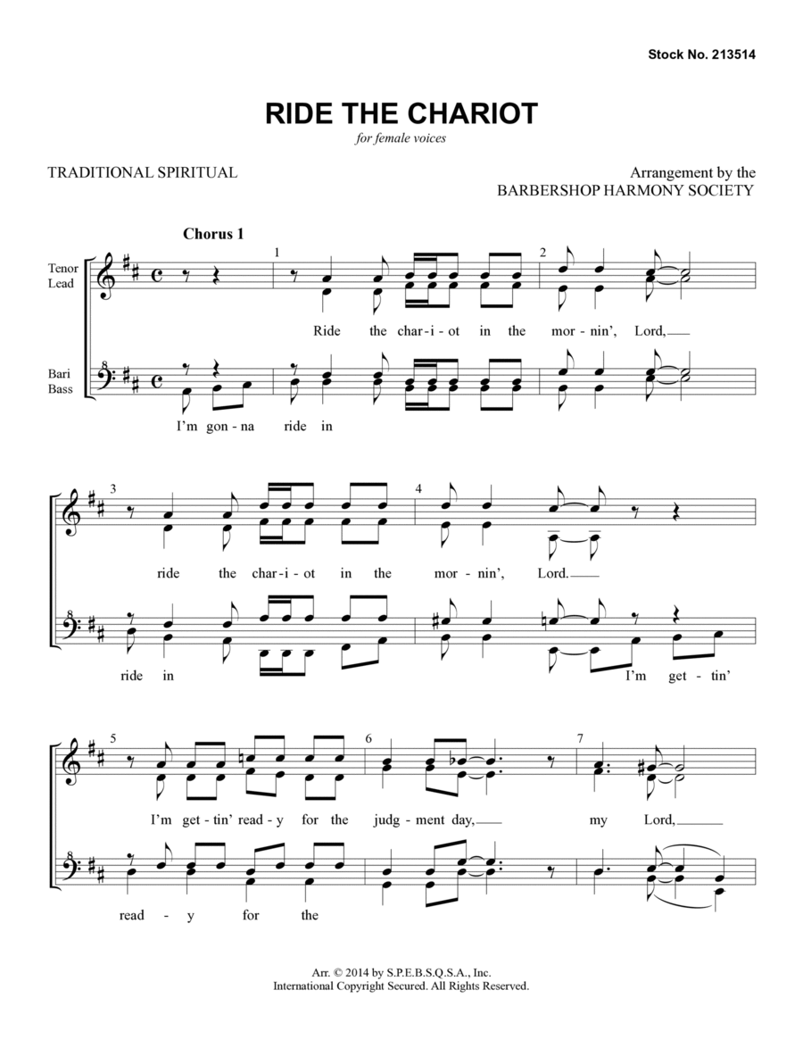Ride The Chariot (arr. Barbershop Harmony Society) SSAA scores gallery preview page 1