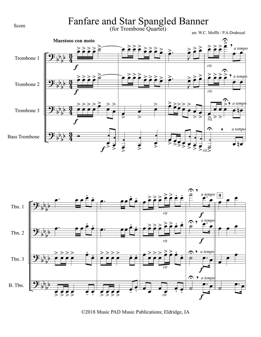 Star Spangled Banner (National Anthem of the United States) with Fanfare (Trombone Quartet) Trombone Quartet scores gallery preview page 1