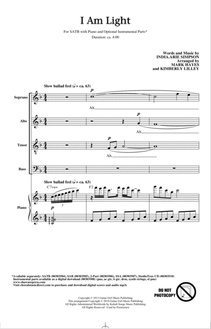 I Am Light (arr. Mark Hayes and Kimberly Lilley) 4-Part scores gallery preview page 1