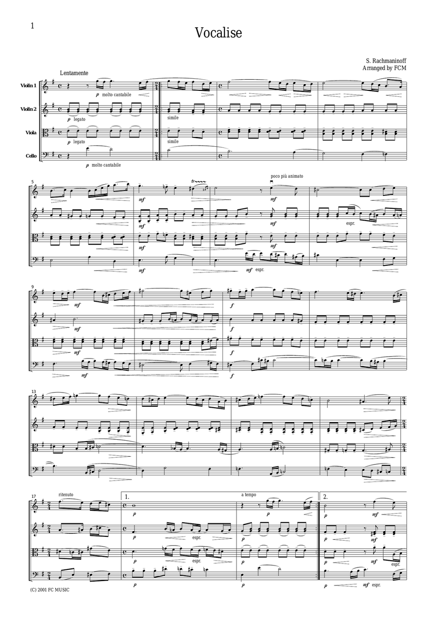 Rachmaninoff Vocalise, for string quartet, CR201 String Quartet scores gallery preview page 1