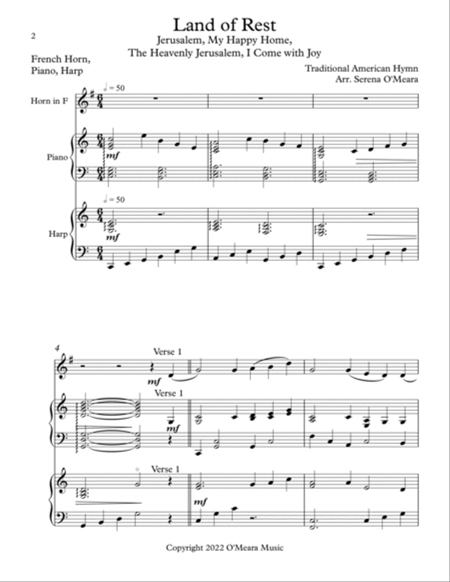 Land of Rest, Trio for French Horn, Harp, Piano Horn scores gallery preview page 2