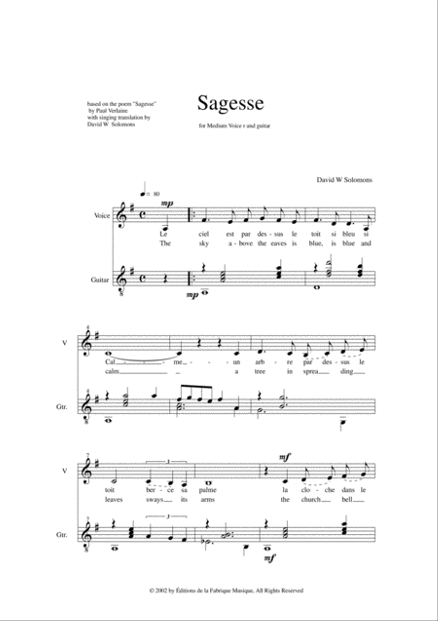 David Warin Solomons: Sagesse for medium voice and guitar Small Ensemble scores gallery preview page 2