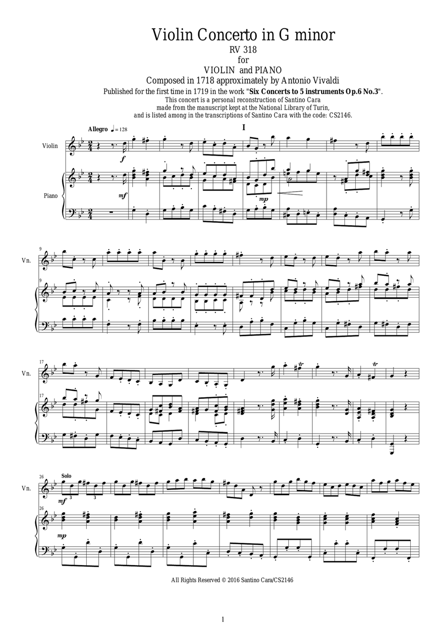 Vivaldi - Violin Concerto in G minor RV 318 Op.6 No.3 for Violin and Piano Violin Solo scores gallery preview page 1