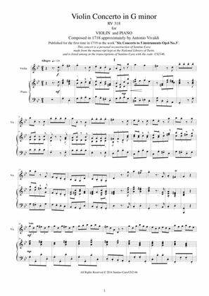 Book cover for Vivaldi - Violin Concerto in G minor RV 318 Op.6 No.3 for Violin and Piano