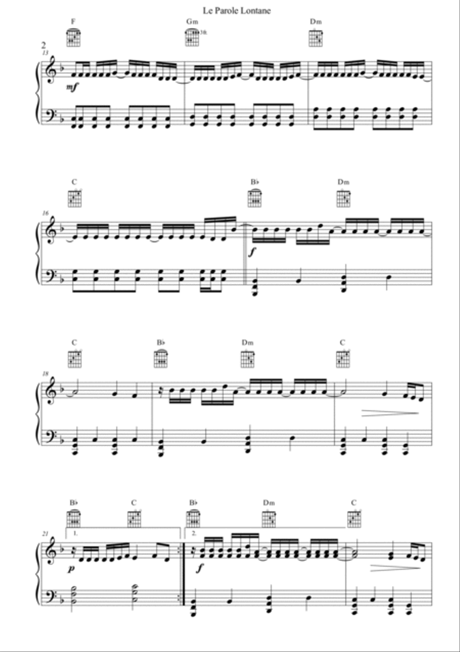 Le Parole Lontane Piano, Vocal, Guitar scores gallery preview page 2