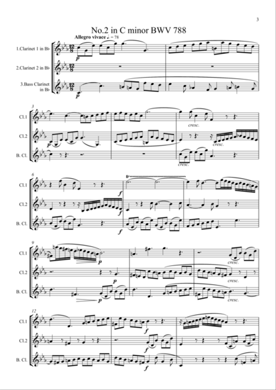 Bach: A Selection of Sinfonias (Three part Inventions Nos.1,2,4,6,8,9 & 11.) - Clarinet Trio Clarinet Trio scores gallery preview page 3