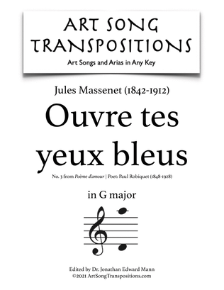 Book cover for MASSENET: Ouvre tes yeux bleus (transposed to G major)