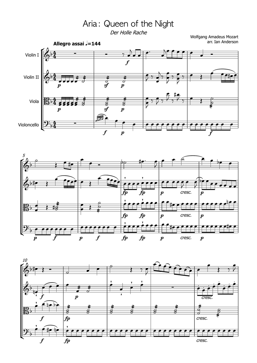 Mozart: Queen of the Night Aria / Der Holle Rache (string quartet) String Quartet scores gallery preview page 1