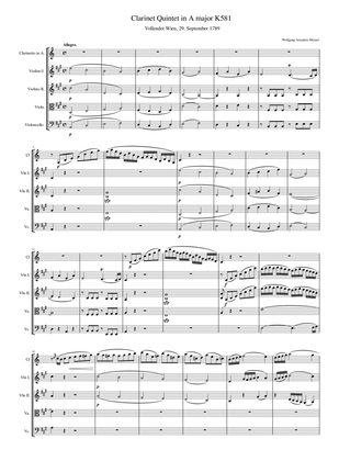 Mozart - Clarinet Quintet in A major, K.581 - Original Full Score Compelet - Score Only