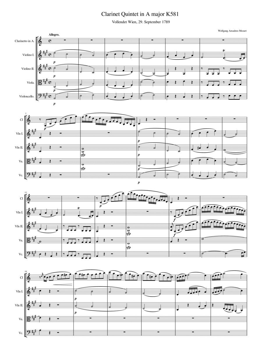 Mozart - Clarinet Quintet in A major, K.581 - Original Full Score Compelet - Score Only