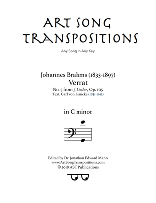 Book cover for BRAHMS: Verrat, Op. 105 no. 5 (transposed to C minor, bass clef)