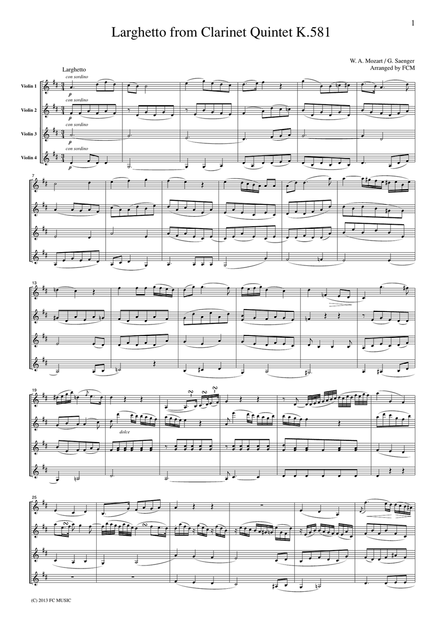 Mozart Larghetto from Clarinet Quintet K.581, for 4 Violins, VN403 String Quartet scores gallery preview page 1