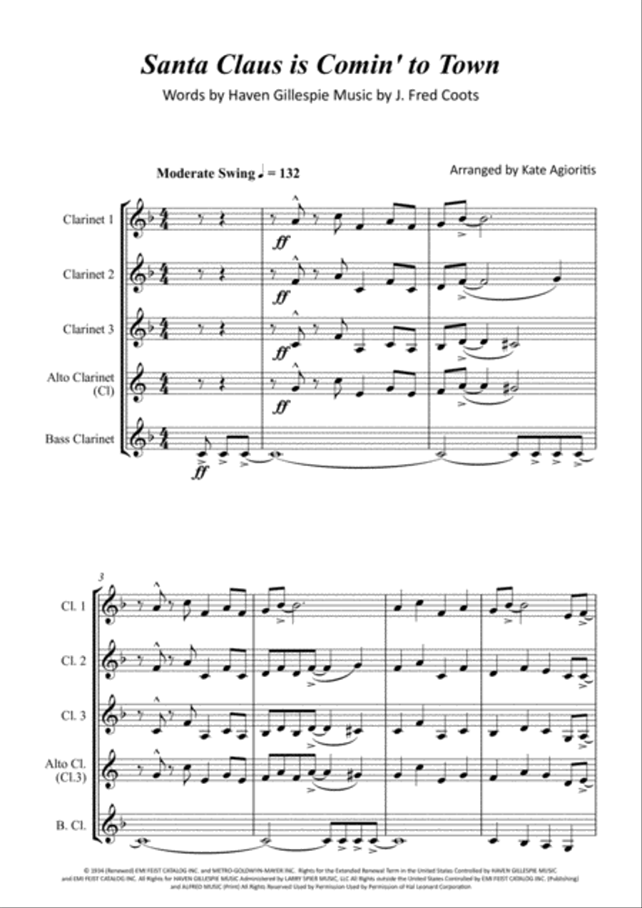 Santa Claus Is Comin' To Town Clarinet Quartet scores gallery preview page 2