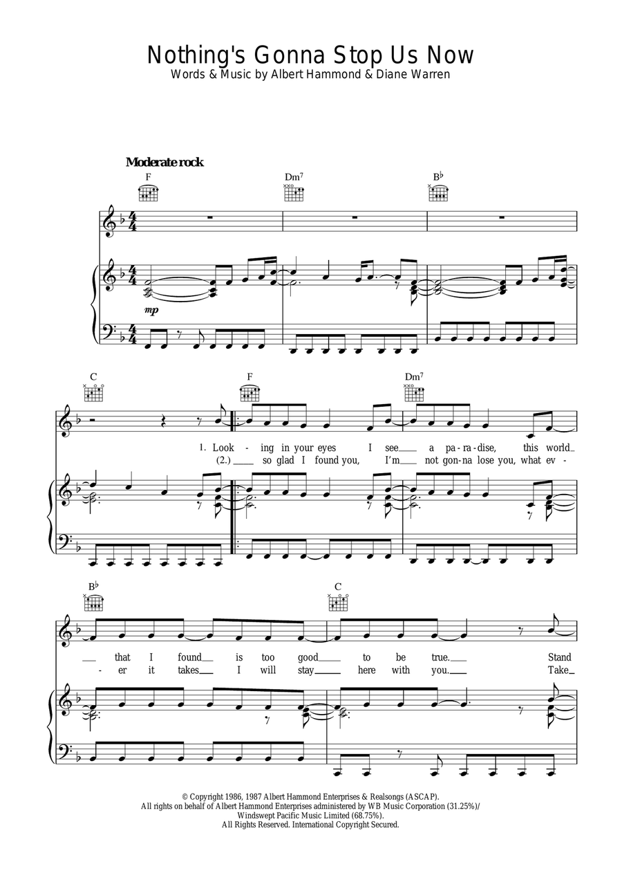 Nothing's Gonna Stop Us Now Piano, Vocal, Guitar scores gallery preview page 1