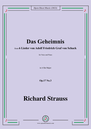 Book cover for Richard Strauss-Das Geheimnis,in A flat Major,Op.17 No.3,for Voice and Piano