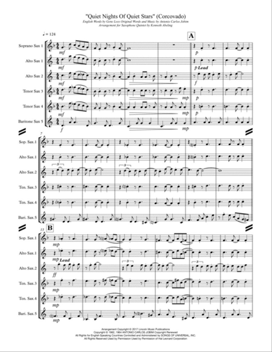 Quiet Nights Of Quiet Stars (Corcovado) Saxophone Quintet scores gallery preview page 2