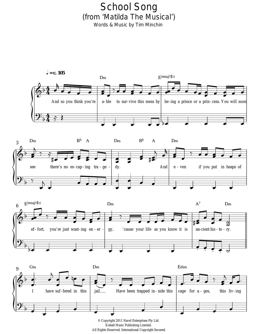 School Song (From 'Matilda The Musical') Easy Piano scores gallery preview page 1