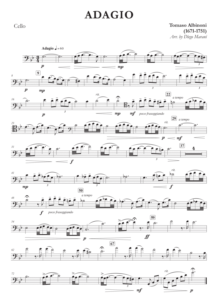 Albinoni's Adagio for Cello and Piano Piano scores gallery preview page 1