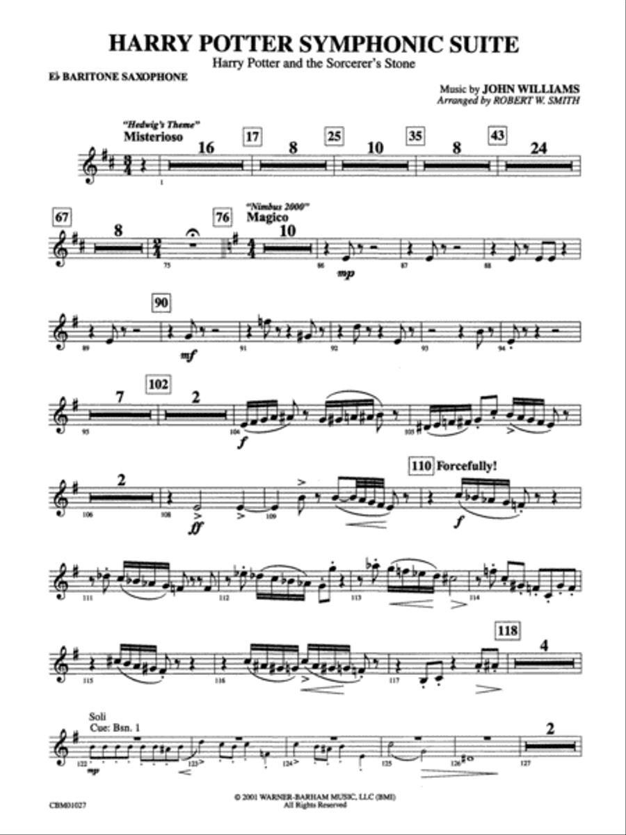 Harry Potter Symphonic Suite: E-flat Baritone Saxophone Concert Band scores gallery preview page 1