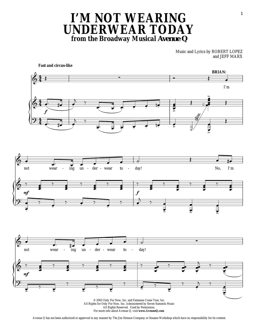 I'm Not Wearing Underwear Today (from Avenue Q) Piano, Vocal scores gallery preview page 1