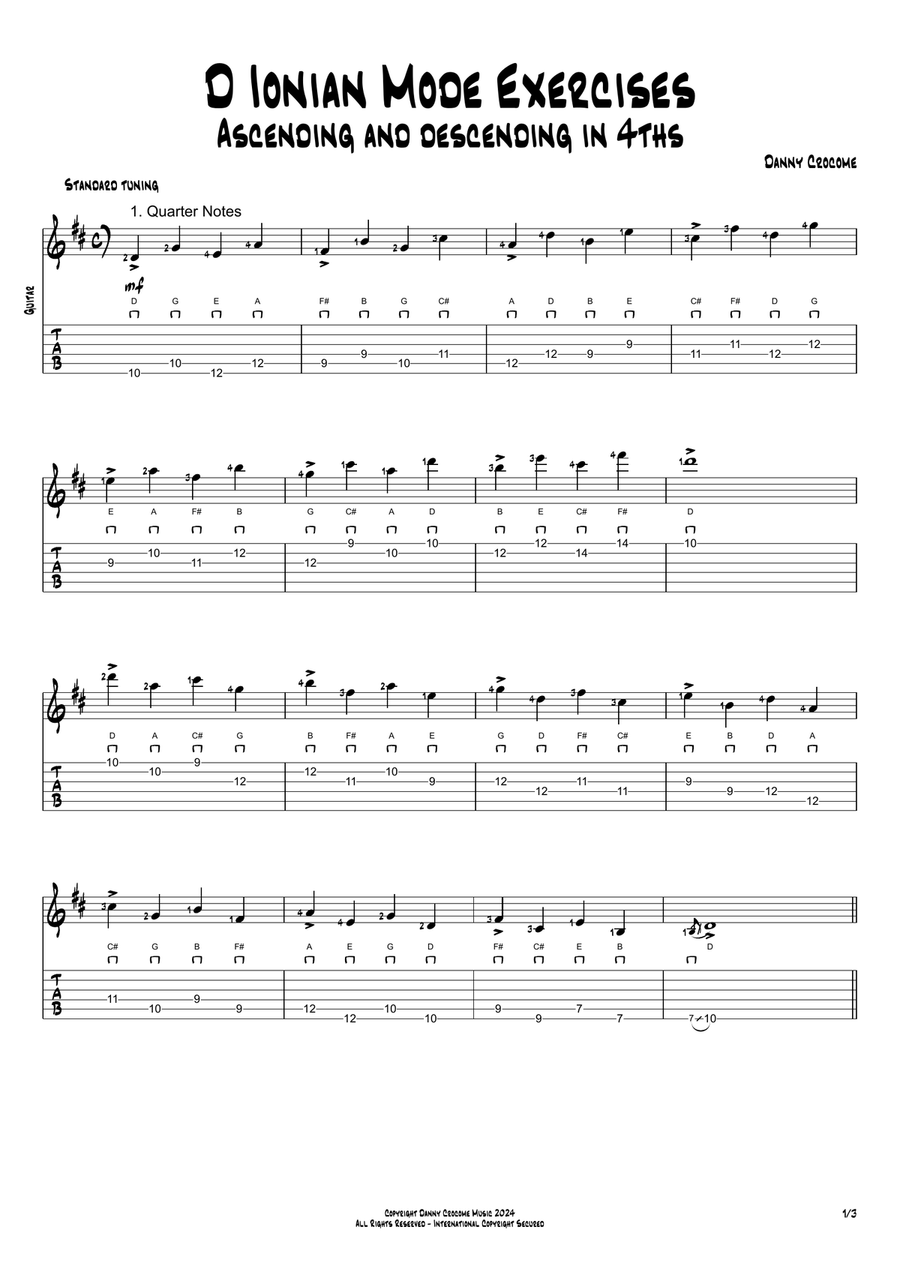 D Ionian Mode Exercises - Ascending and Descending in 4ths Acoustic Guitar scores gallery preview page 1