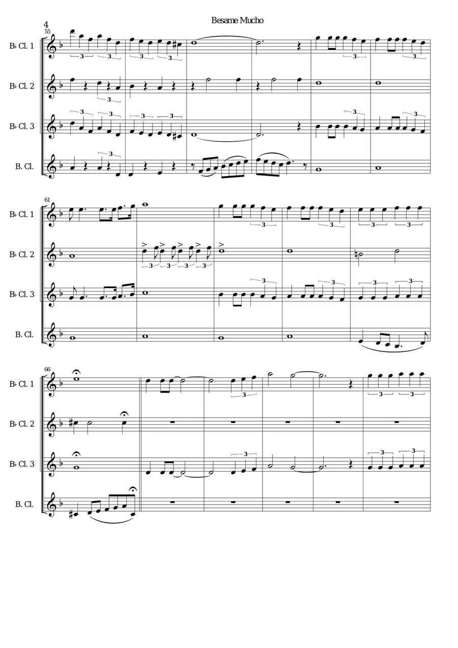 Besame Mucho (Kiss Me Much) Clarinet Quartet scores gallery preview page 4