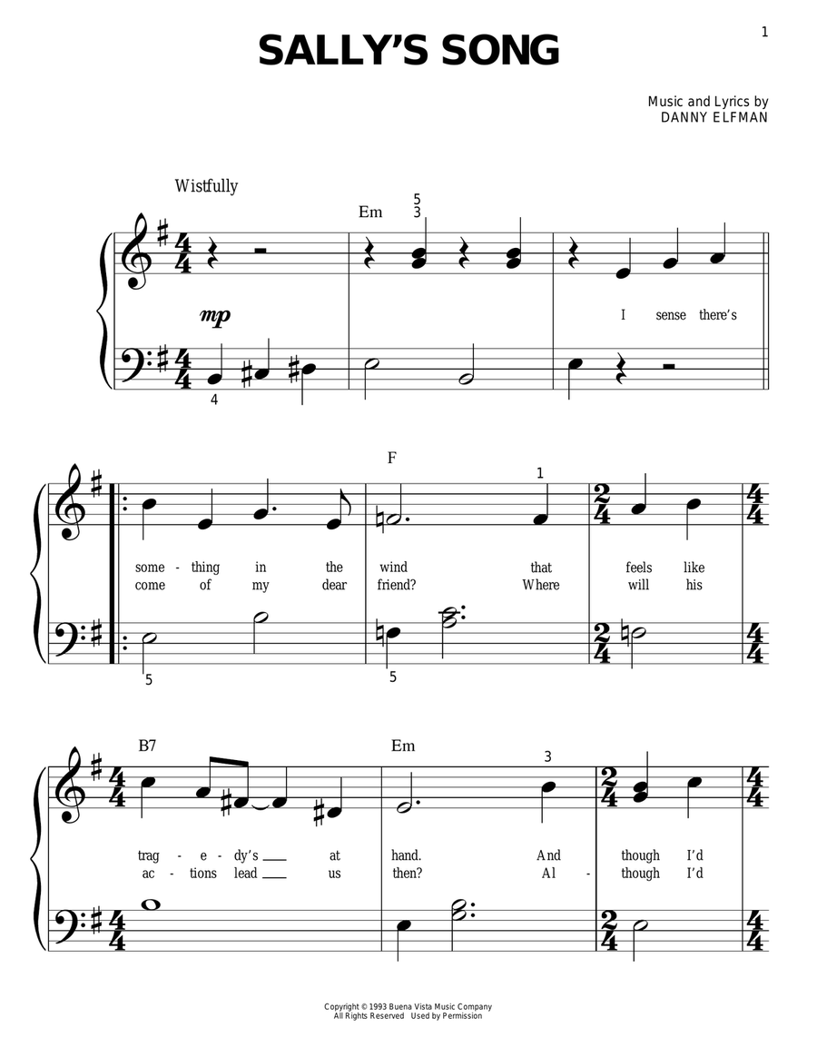 Sally's Song (from The Nightmare Before Christmas) Easy Piano scores gallery preview page 1