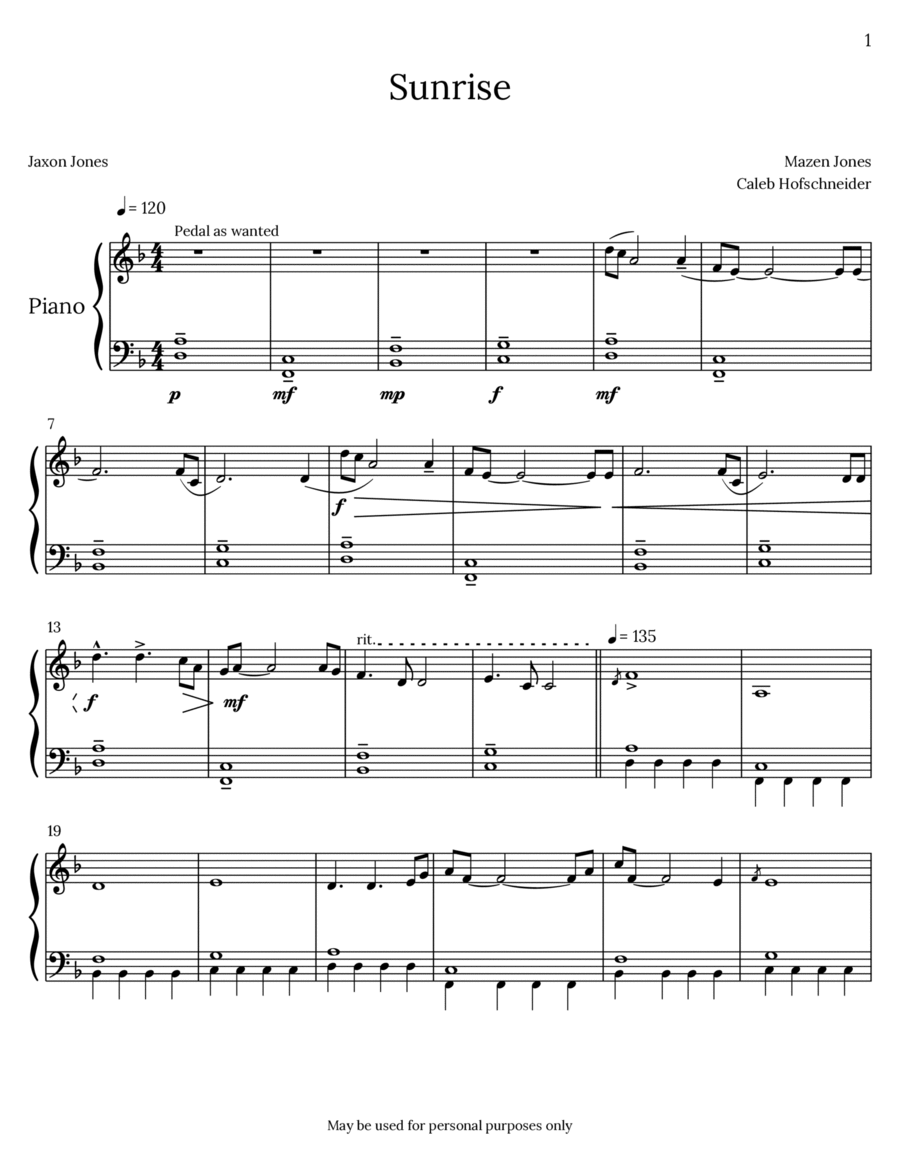 Sunrise Piano Solo scores gallery preview page 1