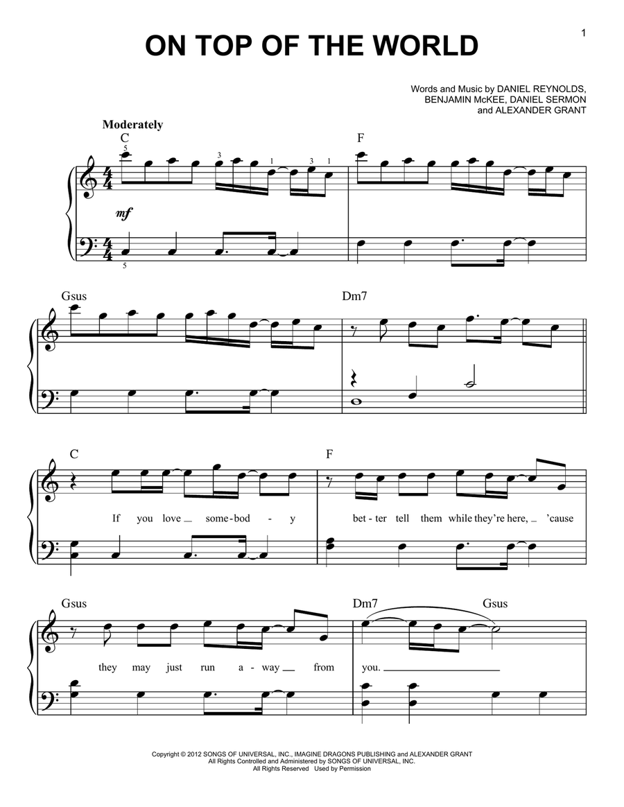 On Top Of The World Easy Piano scores gallery preview page 1