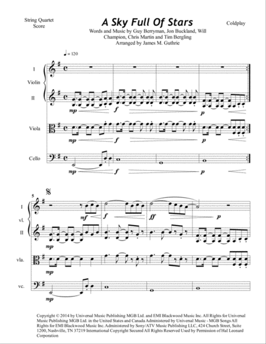 A Sky Full Of Stars String Quartet scores gallery preview page 1