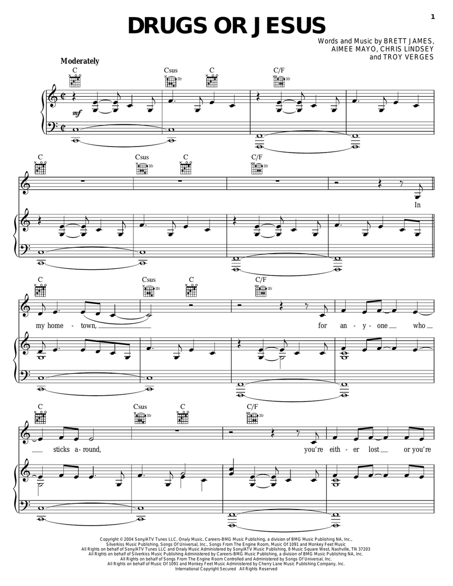 Drugs Or Jesus Piano, Vocal, Guitar scores gallery preview page 1