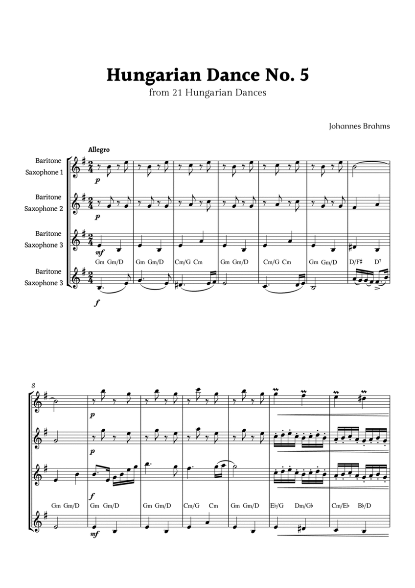 Hungarian Dance No. 5 by Brahms for Baritone Sax Quartet image number null