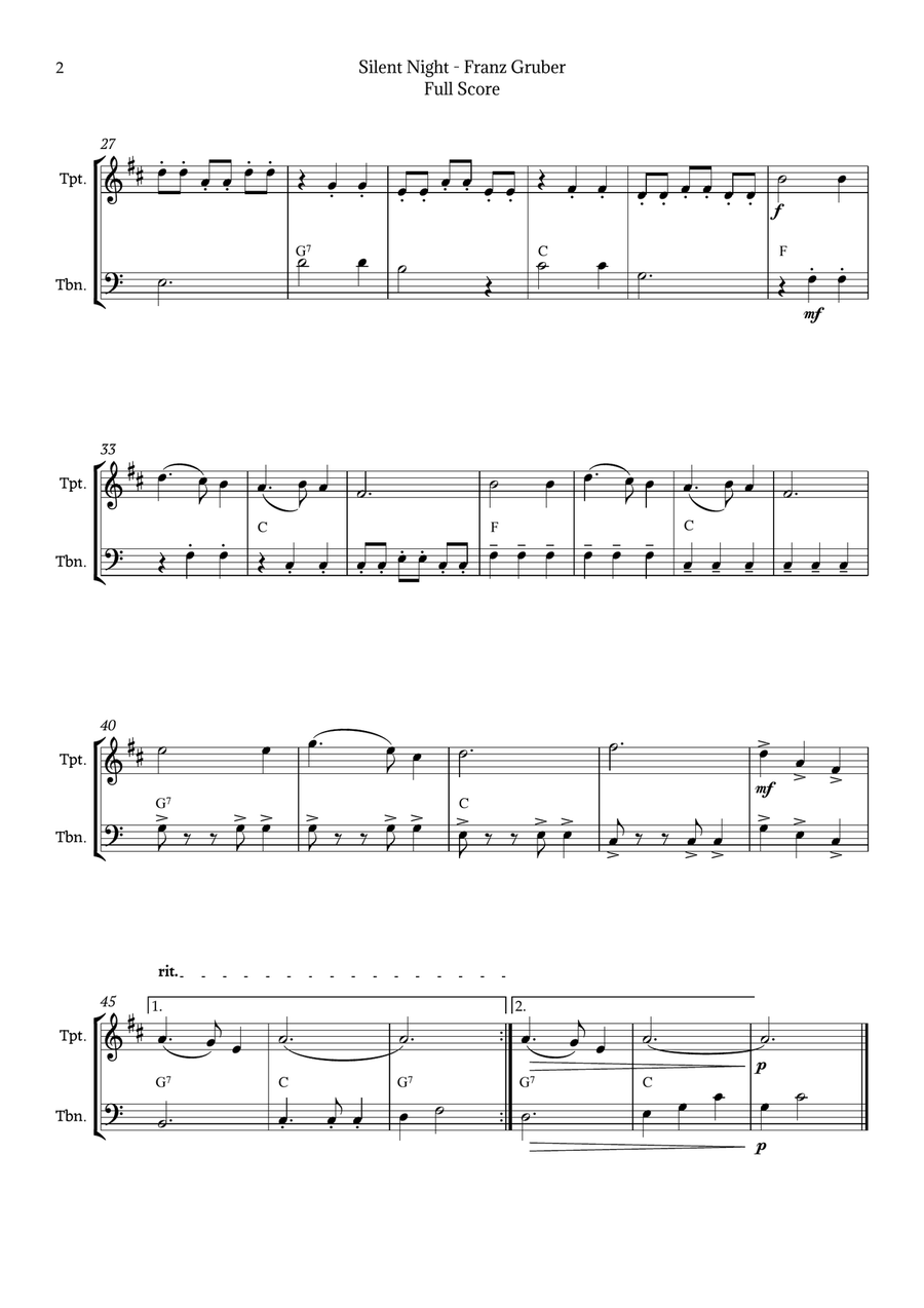Silent Night for Trumpet and Trombone Duet with Chords Brass Duet scores gallery preview page 2