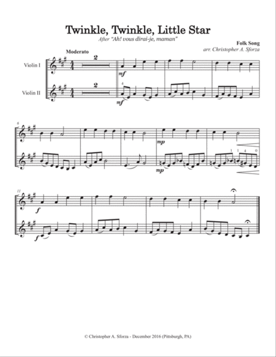 Twinkle, Twinkle, Little Star, for two violins and piano String Duet scores gallery preview page 3