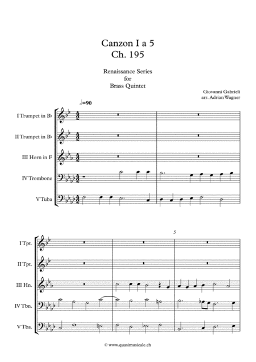 Canzon I a 5 Ch.195 (Giovanni Gabrieli) Brass Quintet arr. Adrian Wagner Brass Quintet scores gallery preview page 2
