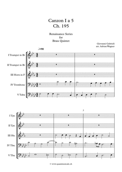 Canzon I a 5 Ch.195 (Giovanni Gabrieli) Brass Quintet arr. Adrian Wagner image number null