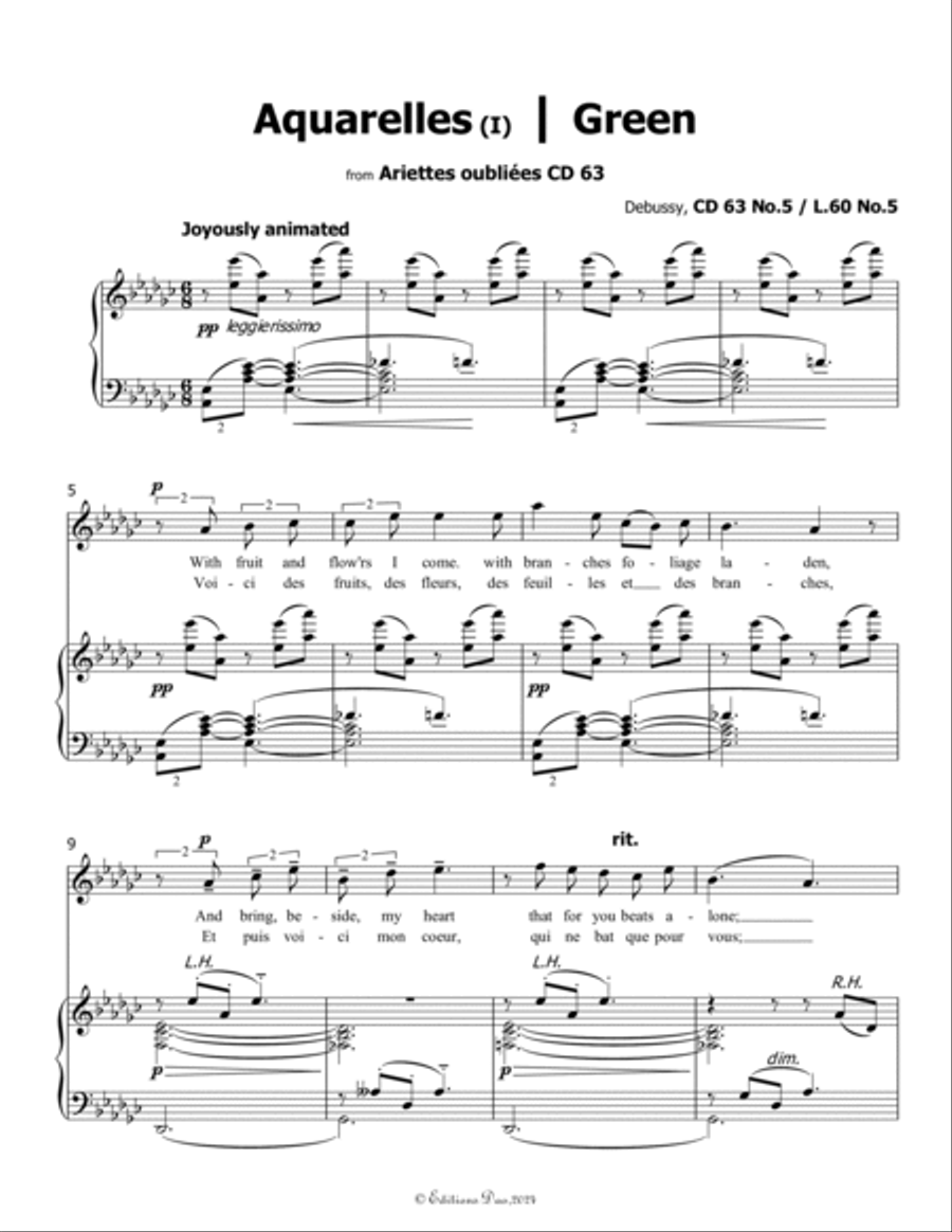 Aquarelles I(Green), by Debussy, CD 63 No.5, in G flat Major Voice scores gallery preview page 3