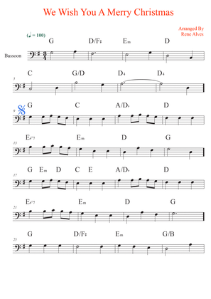 We Wish You A Merry Christmas, bassoon sheet music and melody for the beginning musician (easy).