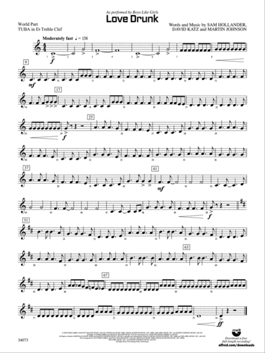 Love Drunk: (World Part) E-flat Tuba T.C. Concert Band scores gallery preview page 1
