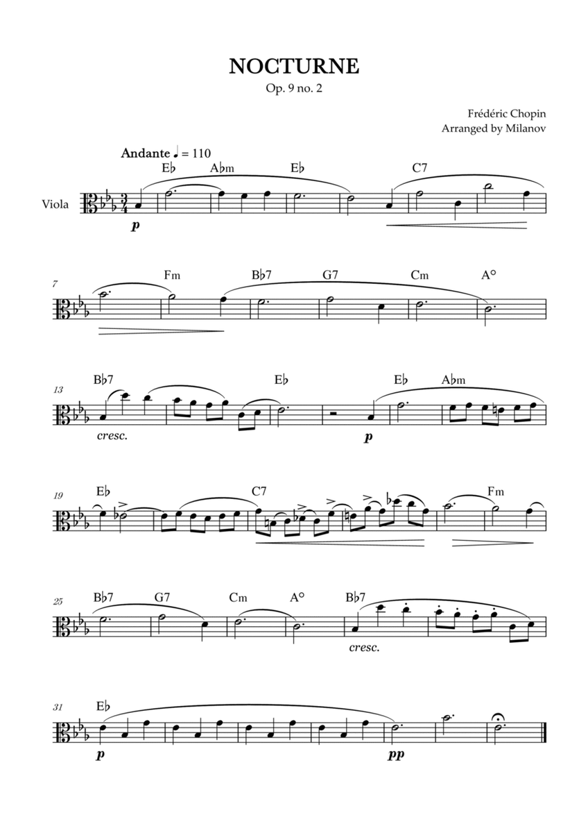 Chopin Nocturne op. 9 no. 2 | Viola | E-flat Major | Chords | Easy beginner image number null
